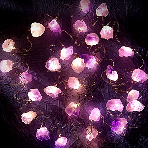 Luz de Cadena de Hadas con Piedra Amatista Fluorita Luz de Cuerda Decorativa de 10 ft 30 LEDs Decoración de Cristal de Ensueño Alimentada por Pila y USB con 2 Colores (Amatista Púrpura)