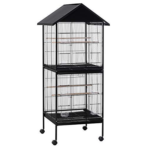 Pawhut Jaula para Pájaros 2 en 1 Grande de 2 Pisos Convertible en Sola Jaula con Ruedas 8 Comederos 4 Perchas y Bandejas Extraíbles para Canarios Loros 71,5x72x170 cm Negro