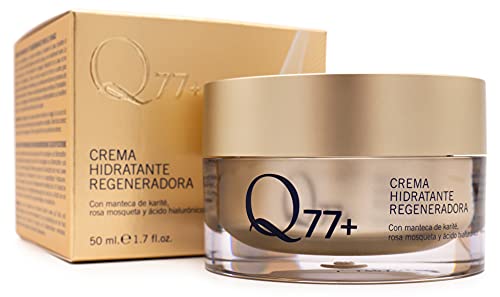 Q77+ Crema hidratante regeneradora facial | Con Ácido Hialurónico, Manteca de Carité y Aceite Rosa de Mosqueta | 50 ml