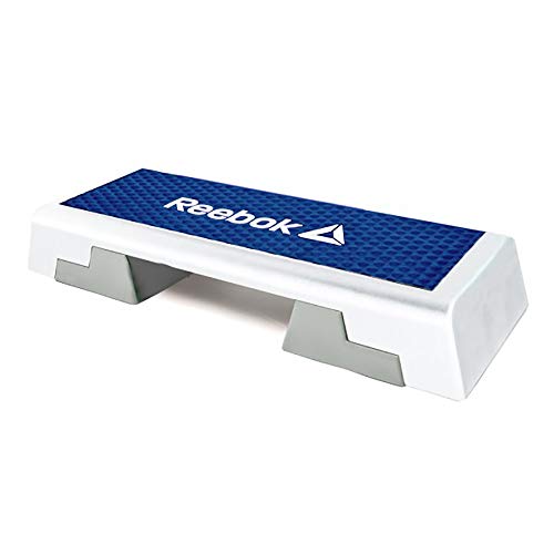 Reebok Adjustable Exercise Step Platform Home Gym Aerobic Workout Equipment with Guided Workout DVD, White/Blue