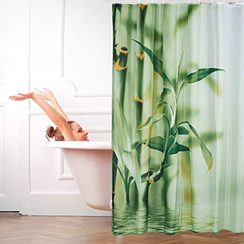 Relaxdays Cortina de ducha diseño bambú, poliéster, textil, lavable, planta, material, 200 x 180 cm, cortina de bañera, verde