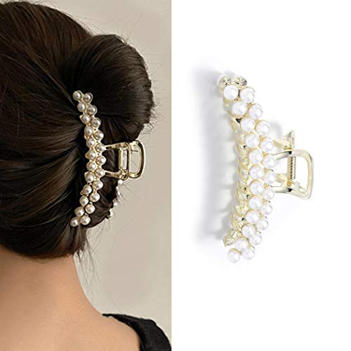 Runmi Pinzas para el pelo con perlas de metal dorado para el pelo de la garra de pelo grande accesorios para el cabello para mujeres y niñas