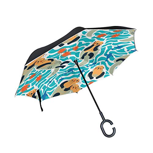 XiangHeFu Doble Capa Invertida Paraguas Inversa Océano Mar Precioso Animal Peces Plegable Protección UV a Prueba de Viento Gran Recta para Coche con Mango en Forma de C