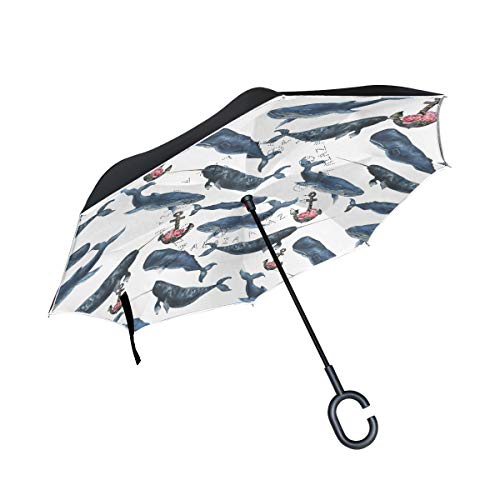 XiangHeFu Doble Capa Invertida Umbrellas Anchor Animal Ballenas Océano Mar Plegable Protección UV a Prueba de Viento Gran Recta para el Coche con Mango en Forma de C