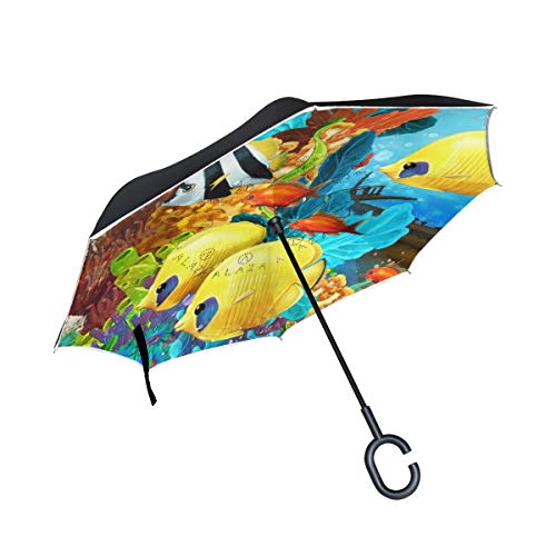 XiangHeFu Paraguas invertidos de Doble Capa Océano Mar Animal Peces Tropicales Patrón Colorido Plegado Protección UV a Prueba de Viento Recto Grande para automóvil con Mango en Forma de C XiangHeFu Paraguas invertidos de Doble Capa Océano Mar Animal Peces Tropicales Patrón Colorido Plegado Protección UV a Prueba de Viento Recto Grande para automóvil con Mango en Forma de C