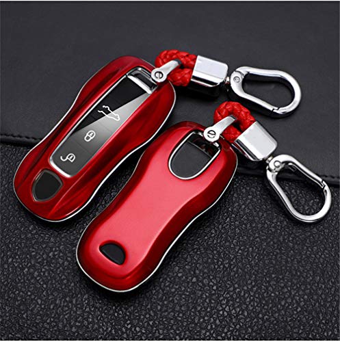 ZYHYCH Carcasa para Llave de Coche, Carcasa de Fibra de Carbono, Color Cromo, Apto para Porsche Cayenne Macan 911 Boxster Cayman Panamera, Accesorios, Llavero, Rojo