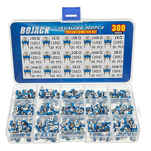 BOJACK 15 Valores 300 piezas 100 Ohm- 2M Ohm Resistencia variable Kit de surtido de Potenciómetros de 6 mm Embalado en una caja de plástico transparente