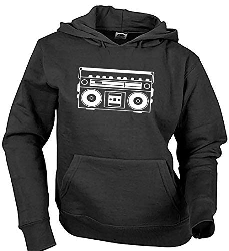 Camisetas EGB Sudadera Adulto/Niño Radio Cassette ochenteras 80´s Retro (Negro, 12-14 años)