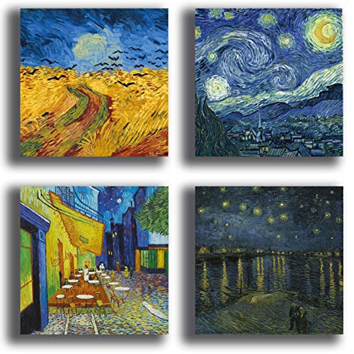 Cuadros modernos estilo Van Gogh noche estrellada campo trigo 4 piezas 40 x 40 cm impresión lienzo lienzo decoración arte XXL decoración salón dormitorio cocina oficina bar restaurante