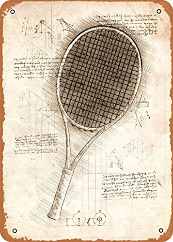 Da Vinci Inspired Sketches Raqueta de tenis Arte de pared 12 "x 8" Metal estaño Retro Vintage Sign