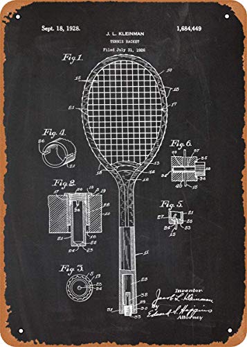 Dibujo de patente deportiva No1 1928 Raqueta de tenis - Arte de pared de dibujo de patente 12 "x 8" Cartel retro vintage de chapa metálica