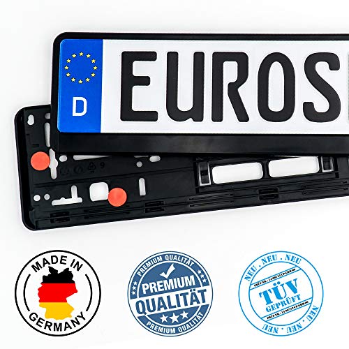 ./ Euroshire - Juego de 2 portamatrículas de color negro, incluye amortiguador de vibración y protector de pintura, sin publicidad, fabricado en Alemania