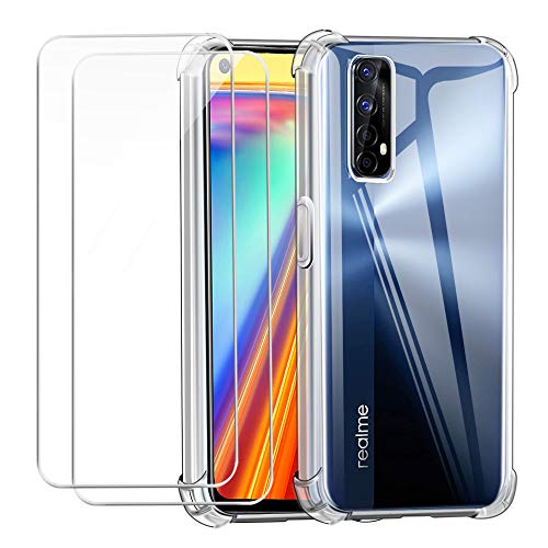 Funda para Realme 7 (No para Realme 7 5G) con Dos Cristal Templado Protector de Pantalla, Suave TPU Transparente Gel Silicona Anti-caída Protectora Carcasa para OPPO Realme 7 4G (6,5 Pulgadas)