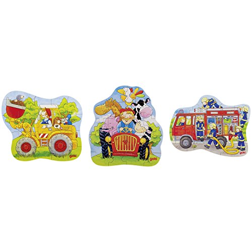 Goki- Puzzle de Contorno Tractor, cargadora de Ruedas, bomeros Madera, Multicolor (57518)