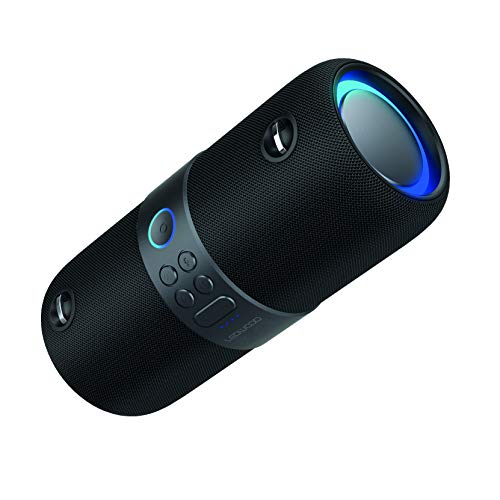 LEDWOOD XT180 TWS Altavoz Bluetooth portátil con correa – Altavoz inalámbrico con luces LED pulsadas – Sonido potente – AUX – Puerto USB – Radio FM – Negro
