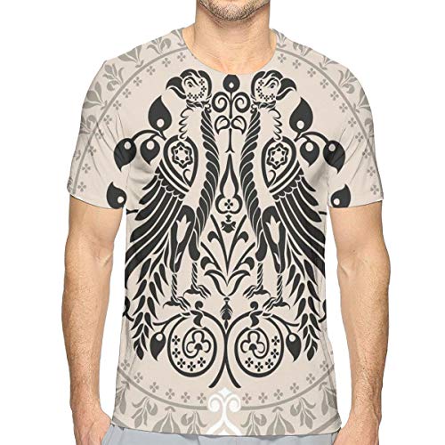 Mens 3D Printed T Shirts,Ethnic Heraldic Eagle Birds with Damask Floral Figures Victorian Retro Design XL