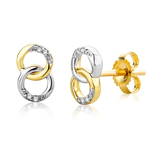 Miore - Pendientes de diamante para mujer de 0,02 ct, con doble círculo y diamantes brillantes de oro amarillo bicolor y oro blanco de 9 quilates / 375