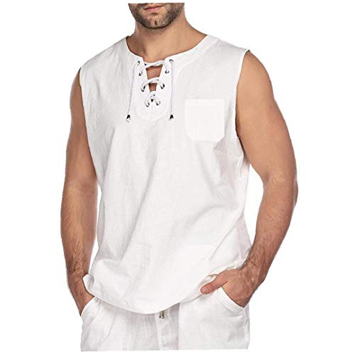 Ohomr Moda Hombres Camiseta de algodón T-Hippie Camisetas sin Mangas de la Yoga Top Blanco Medio