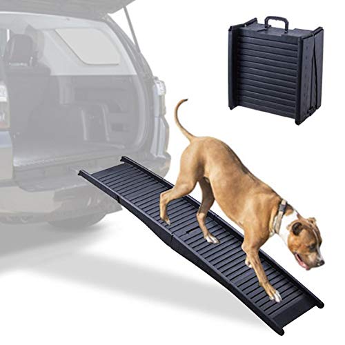 rcraftn Rampa plegable para perros Bi-Fold Pet Ramp, portátil, ligera, con superficie de tracción antideslizante y laterales elevados para coches, todoterrenos, camiones