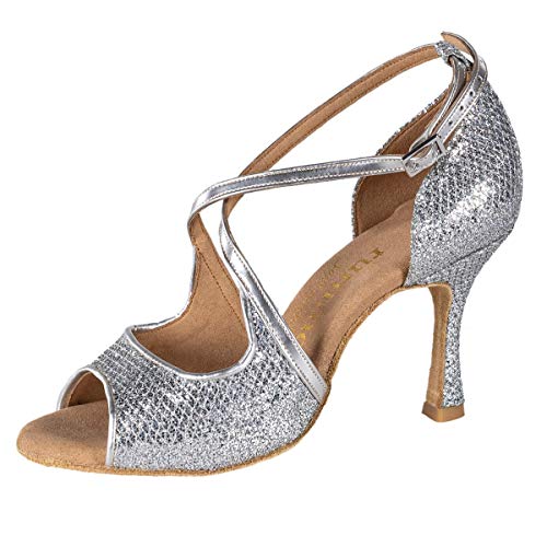 Rummos Mujeres Zapatos de Baile R545 GT9-009 - Material: Cuero/GlitterLux - Color: Plateado - Anchura: Normal - Tacón: 70R Flare - Talla: EUR 38