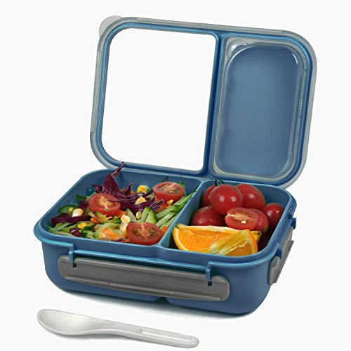 Shopwithgreen Bento - Fiambrera para niños y adultos, recipientes para preparar comidas a prueba de fugas con 2 compartimentos divisores y cuchara (azul)