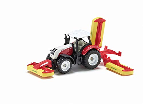 SIKU 1672, Tractor Steyr con combinación de remolque segadora Pöttinger, Metal/Plástico, Rojo, Vehículo de juguete para niños