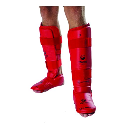 Tokaido - Protector de tibia y pie para la práctica de karate/kumite, aprobado por la WKF (color rojo, talla grande)