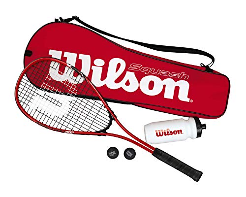 Wilson Starter Kit Set de Squash Incluye 1 Raqueta Impact Pro 300, 2 Pelotas, 1 Botella de Agua y 1 Bolsa, Unisex, Rojo/Negro, Talla Única