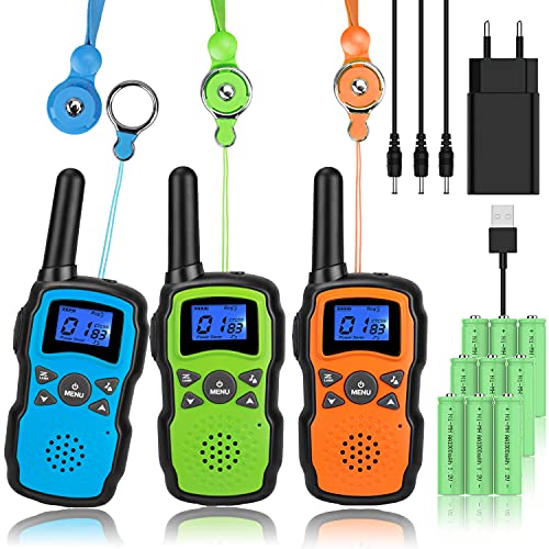 Wishouse Walkie Talkie Niños Recargable Usb 3 Unidades,Adultos Transmisores-Receptores Largo Alcance con 3X3000mAh Bateria Linterna Cordones Juguetes Regalos Navidad Cumpleaños Para Infantiles Familia