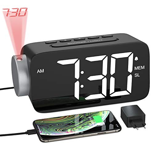 YISSVIC Despertador digital Radio Despertador Proyector Pantalla LED FM, C°/F°,12/24 H, 4 Niveles de Brillos y Volumen Ajustable Función de Memoria