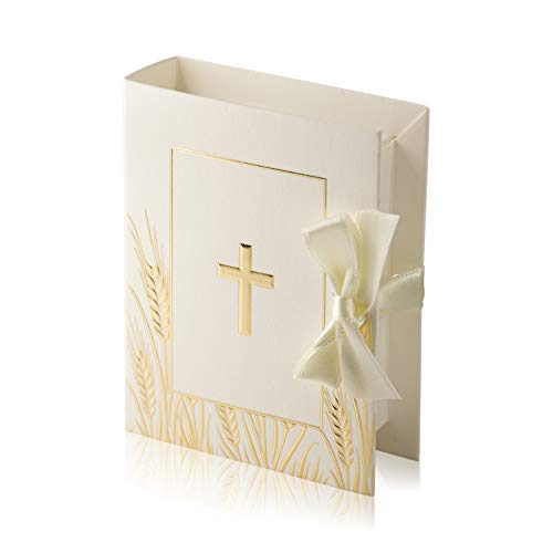 10 Cajitas regalo en forma de libro de cartón blancas con cruz 7x6x2,5 cm. sin montaje ni contenido con cinta para el lazo y tarjeta para primera comunión pequeños regalitos (Blanco)
