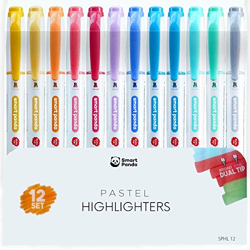 12 Subrayadores Color Pastel de SmartPanda – Rotuladores Fluorescentes de Dos Puntas, Gruesa y Fina – Juego de 12 Colores Variados