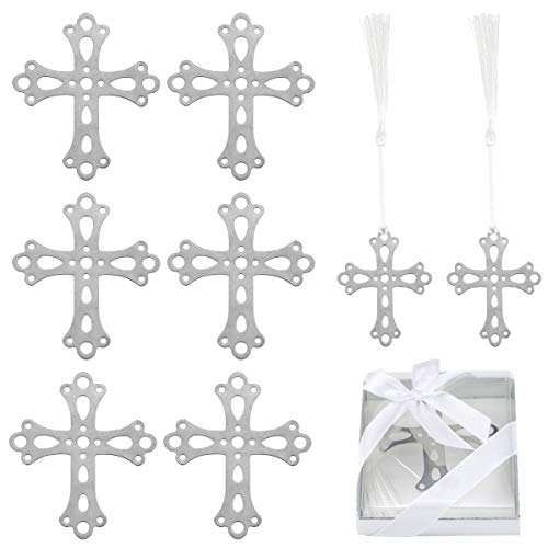Amersumer - Marcapáginas de cruz para tu primera comunión, bautismo o cualquier ocasión para fiestas, también decorado con cinta blanca y una etiqueta de agradecimiento