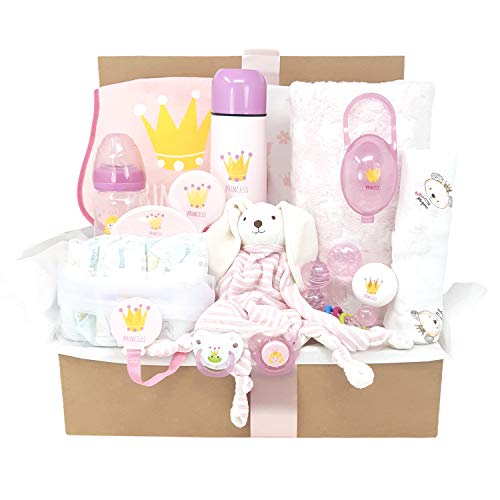 Baby King, MabyBox de Mababy,Set regalo bebé que incluye manta, sonajero, chupetes, biberón termo y mucho más… (Princesa)
