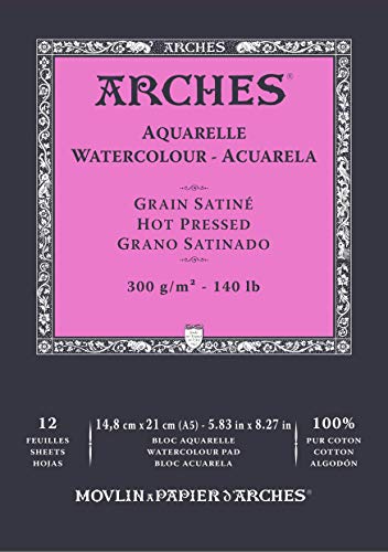 Bloc Enc 14,8x21 12H Arches Aquarelle 100% Satin 300g Blanc Nat