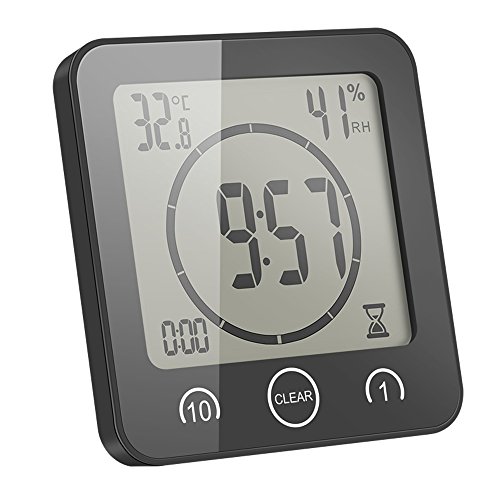 CAMPSLE Reloj de Ducha Resistente al Agua, Temporizador de Reloj de Ducha Digital LCD con Alarma, Reloj de baño con Ventosa, Pantalla de Temperatura y Humedad, 3 métodos de Montaje (Black)