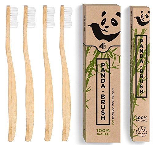 Cepillo de dientes de bambú 'Panda Brush' – Lujoso mango de madera respetuoso con el medio ambiente - Cepillos de dientes de madera biodegradable y renovable, Cerdas de nylon medio sin BPA (paquete 4)