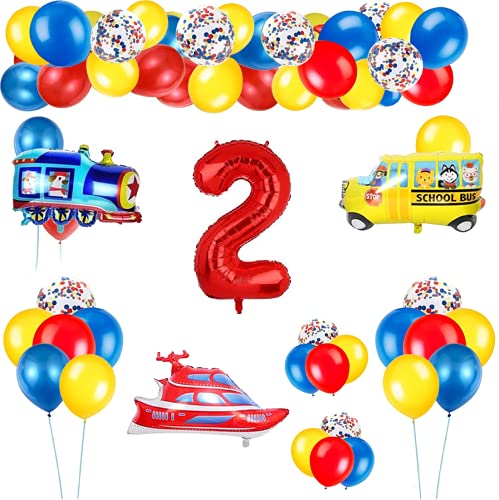 Decoración de globos de cumpleaños de tráfico para niños, globo de número rojo gigante [2], tema de tráfico, decoración de globos de feliz cumpleaños, avión, tren, autobús, yate