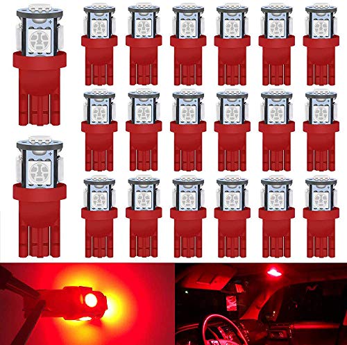 DEFVNSY 20PCS Rojo Bombillas LED de Repuesto para Interior de Coche de 194 T10 168 2825 W5W - Chipsets de 5ª generación 5050 5SMD Fuente de iluminación para Placa de Licencia de 24V DC