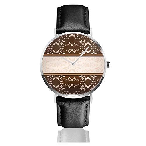 Elegante reloj de mármol damasco marrón y caqui con movimiento de cuarzo, correa de reloj de cuero impermeable para hombres y mujeres,
