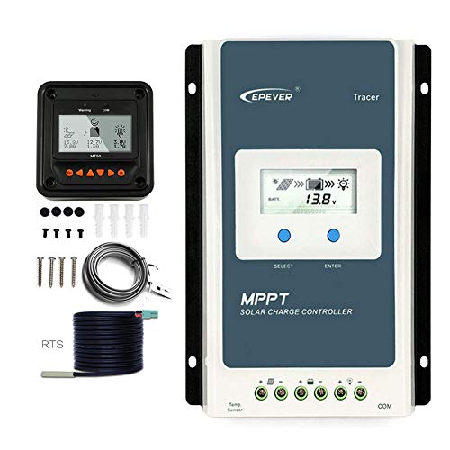 EPEVER Tracer 1210 AN MPPT - Regulador de carga solar (12 V, 24 V CC, identificación automática con pantalla LCD, retroiluminación, 10 A, 1210AN+MT50+TS-R)