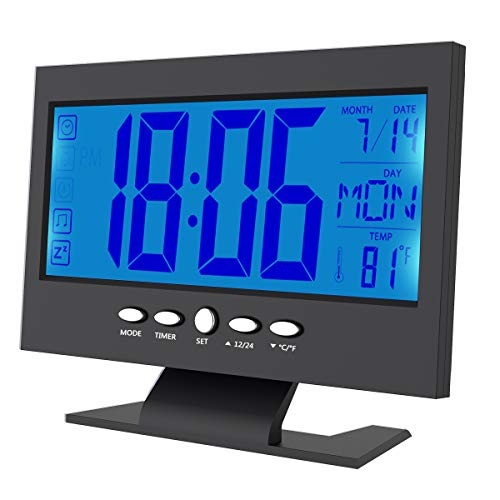 HelloCreate Despertador digital, reloj despertador digital LCD, calendario, pantalla de temperatura, reloj activado por sonido, color negro