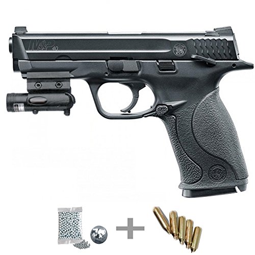 KIT Umarex Smith&Wesson MP40 CO2 LÁSER - Pistola de aire comprimido (CO2) y balines de acero (perdigones BBS) calibre 4.5mm. Réplica + accesorios <3,5J