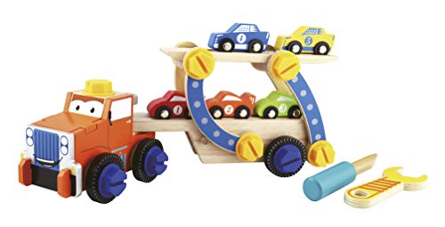 Leomark Grúa de Madera con los vehículos – Alegre Roman - Cargador de Autos para niños, Camión portacoches Juguete con Remolque y 5 Coches