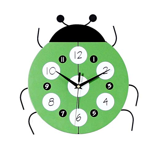 PIVFEDQX Reloj Creativo Reloj de Madera Maciza Reloj de Pared de Dibujos Animados Sala de Estar Reloj silencioso Forma de Mariquita Sala de Estudio Decoración de Dormitorio para niños (Color: Verde)