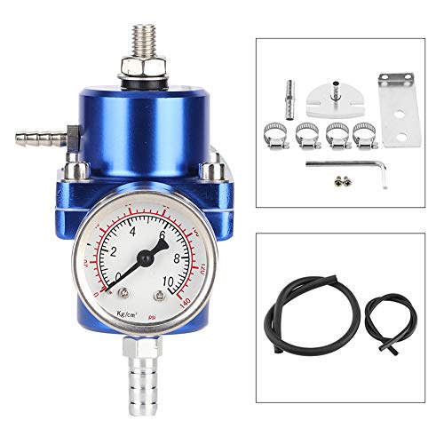 Regulador de presión de combustible universal, aleación de aluminio Regulador de presión de combustible universal FPR con manguera de calibre 0-140psi ajustable(azul)