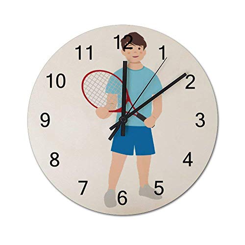 Reloj de Pared de Madera Redondo rústico silencioso sin tictac de 10 Pulgadas para niños con Raqueta de Tenis Decoración de Pared de Granja Vintage para el hogar, la Oficina, la Escuela