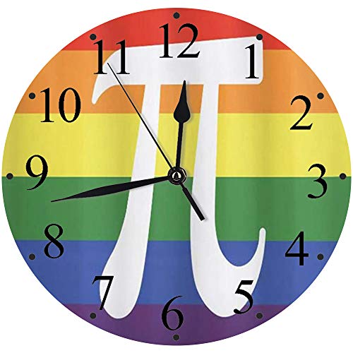 Silencioso Wall Clock Decoración de hogar de Reloj de Redondo,Símbolo de número especial de Pi White en líneas de colores del arco iris Fondo inspirado Matemátic,para Hogar, Sala de Estar, el Aula