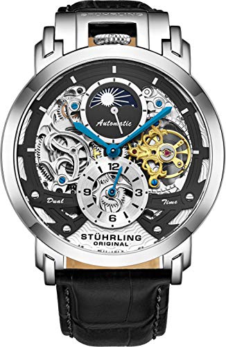Stuhrling Orignal - Reloj automático para hombre con esqueleto para hombre, reloj de piel de lujo, reloj mecánico, caja de acero inoxidable, reloj analógico de cuerda automática para hombres