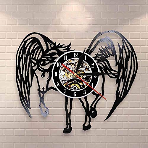 ZZLLL Reloj de Pared de Vinilo de Caballo de Animal de fantasía Reloj de Pared de Pegaso Arte Mural Retro Caballo con decoración de alas de Ángel Reloj de Caballo